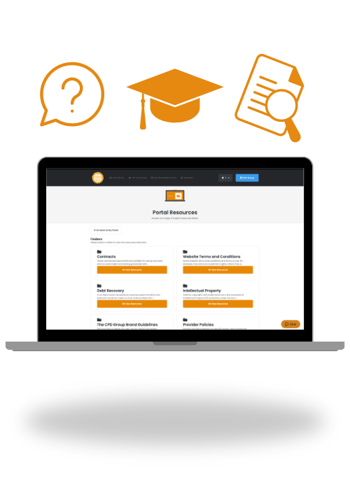 laptop displaying resources hub with icons.
