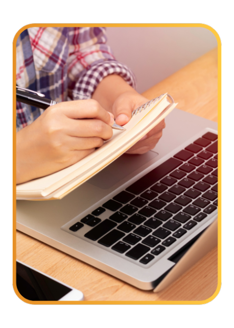 Person tracking cpd credits on a notepad with laptop.