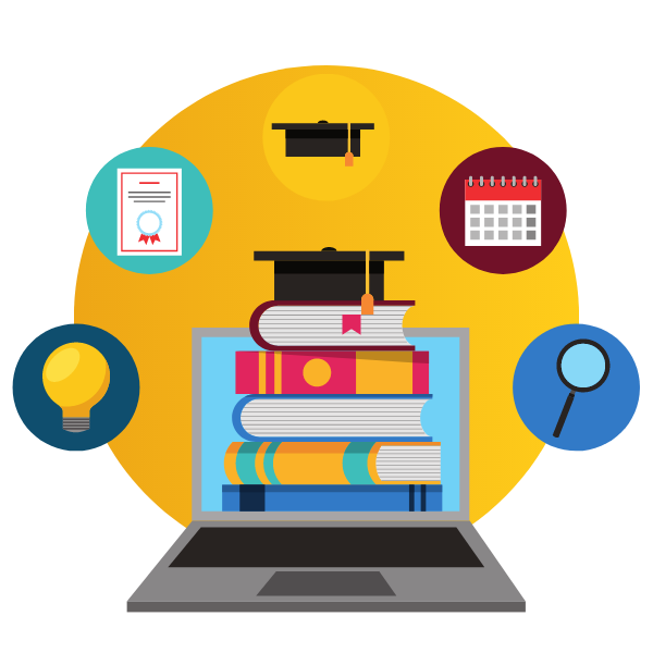 Laptop with learning icons.