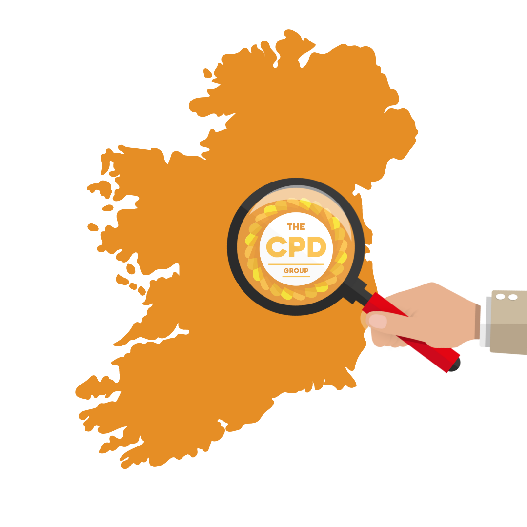 Map of Ireland showing award winning CPD Group logo being magnified