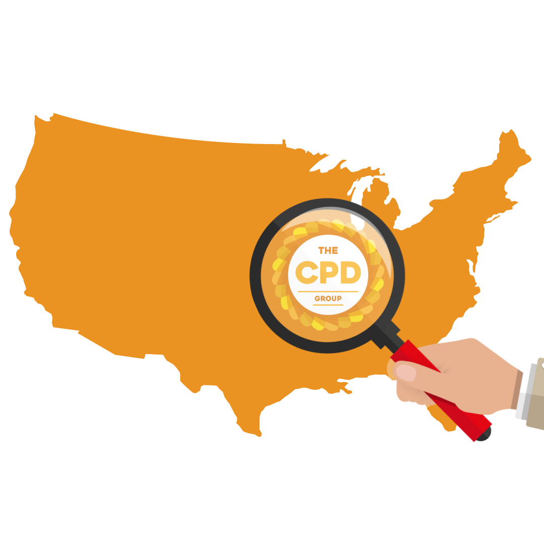 Map of the United States showing award winning CPD Group logo being magnified