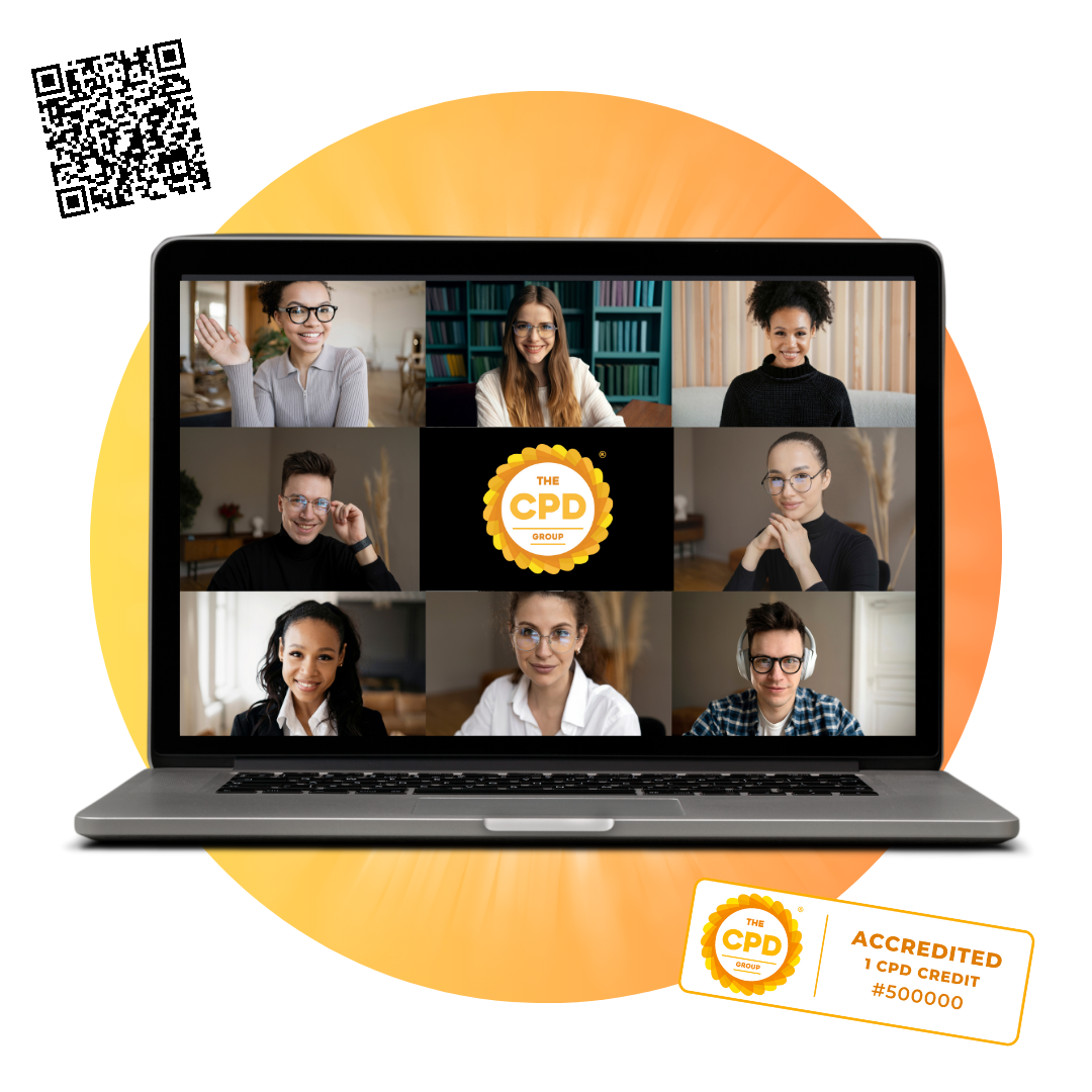 laptop with webinar with QR code and accreditation logo