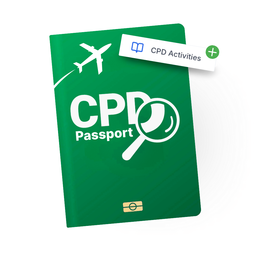 Green CPD Passport digital credential with airplane icon and magnifying glass showing verified checkmark