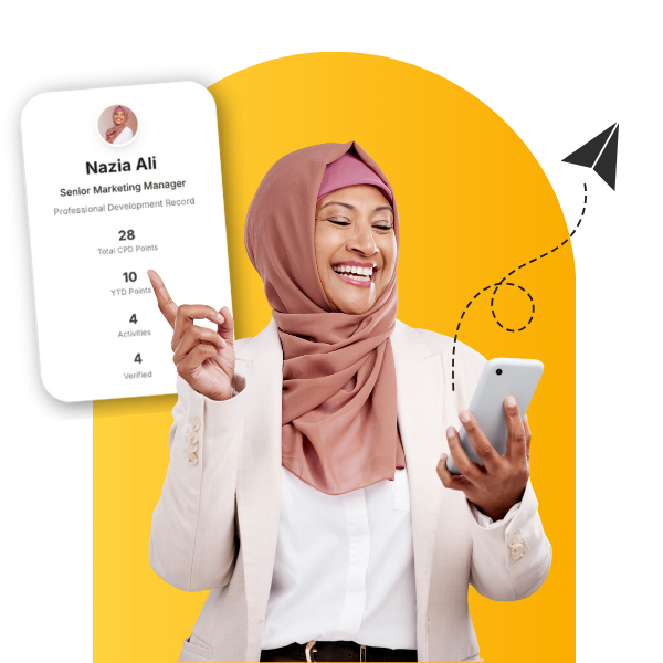 Professional woman smiling while viewing her CPD profile on mobile phone showing 28 total CPD points